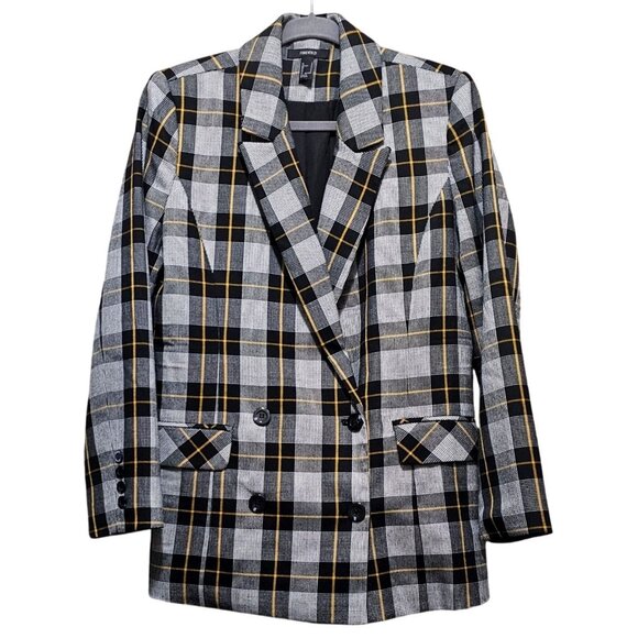 Forever 21 Women's Double-Breasted Plaid Blazer Size Medium Black/White With Yel - Picture 1 of 13